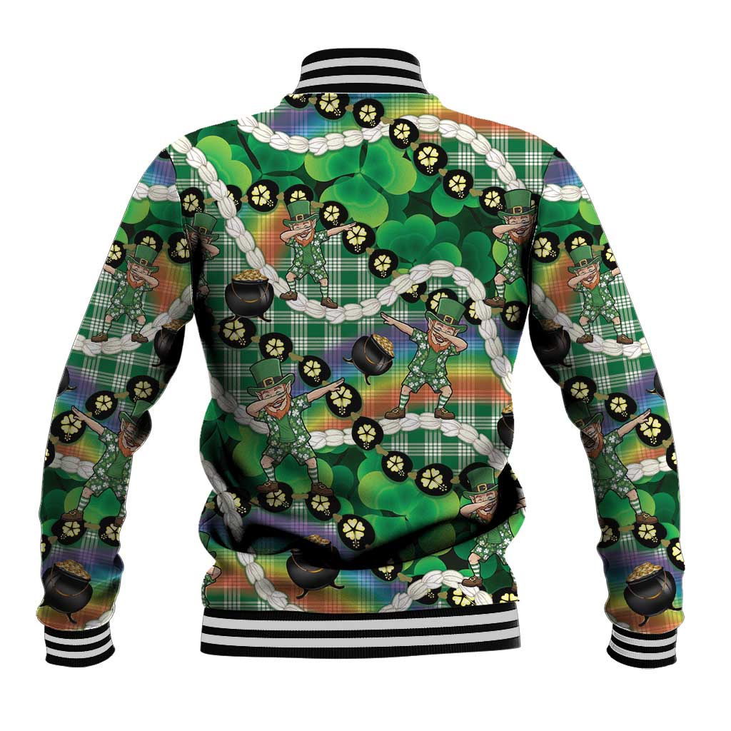 St Patrick's Day Palaka Hawaii Baseball Jacket Kukui Nut Pikake Lei Shamrock Dabbing Leprechaun