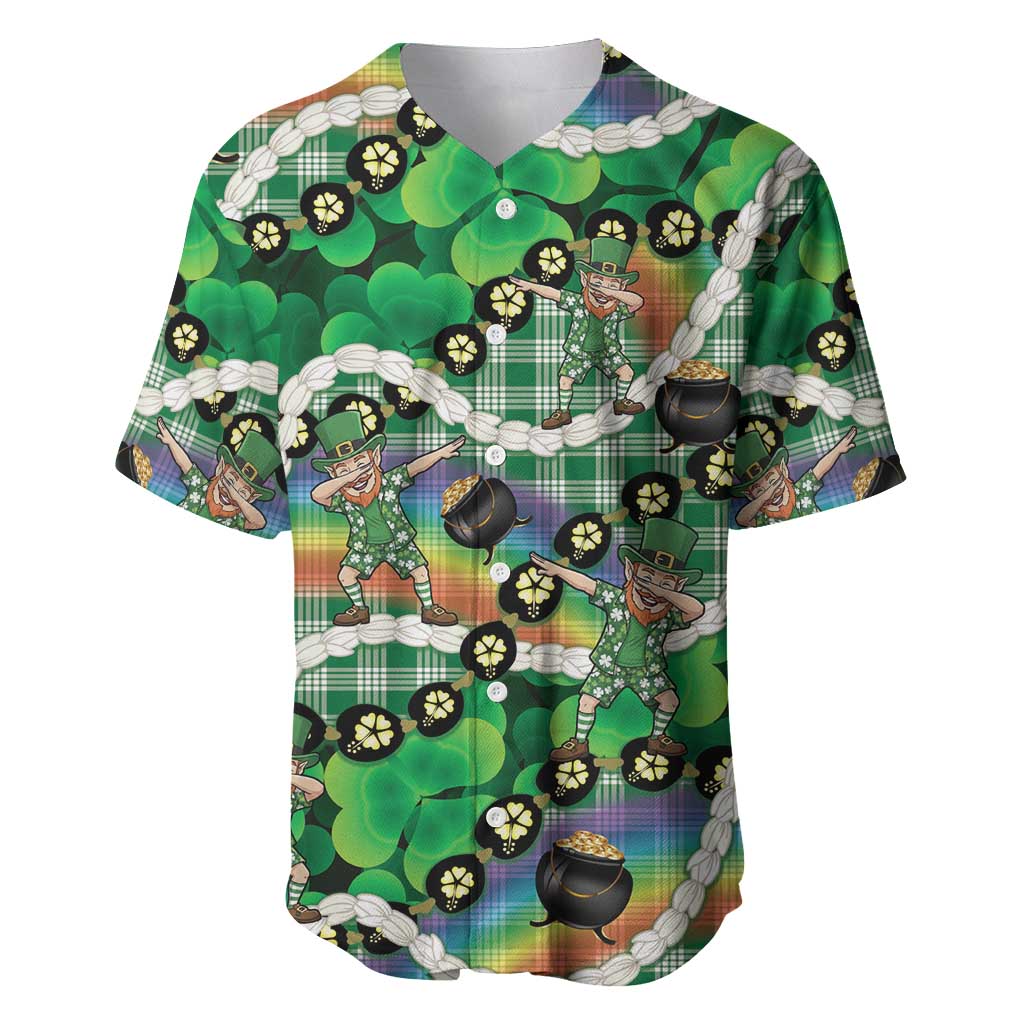 St Patrick's Day Palaka Hawaii Baseball Jersey Kukui Nut Pikake Lei Shamrock Dabbing Leprechaun