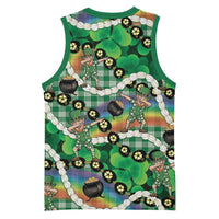 St Patrick's Day Palaka Hawaii Basketball Jersey Kukui Nut Pikake Lei Shamrock Dabbing Leprechaun