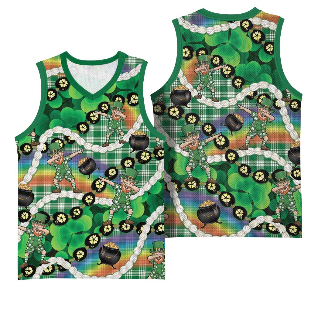 St Patrick's Day Palaka Hawaii Basketball Jersey Kukui Nut Pikake Lei Shamrock Dabbing Leprechaun