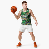 St Patrick's Day Palaka Hawaii Basketball Jersey Kukui Nut Pikake Lei Shamrock Dabbing Leprechaun