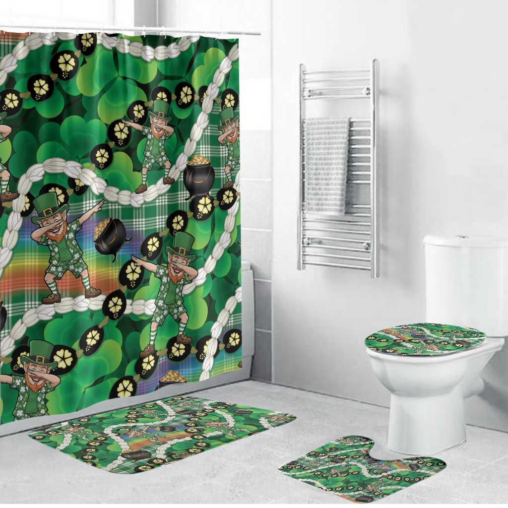 St Patrick's Day Palaka Hawaii Bathroom Set Kukui Nut Pikake Lei Shamrock Dabbing Leprechaun