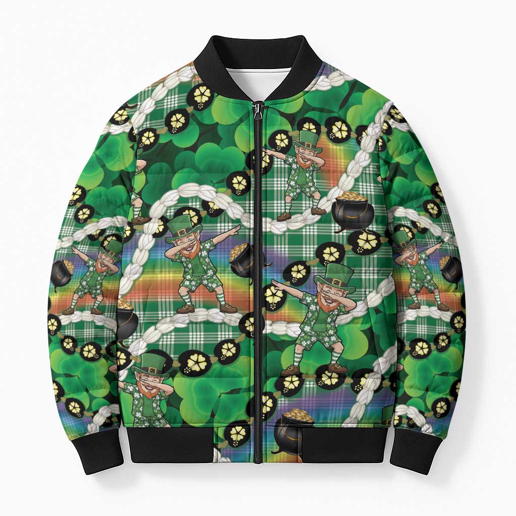 St Patrick's Day Palaka Hawaii Bomber Puffer Jacket Kukui Nut Pikake Lei Shamrock Dabbing Leprechaun LT14 Unisex Green - Polynesian Pride