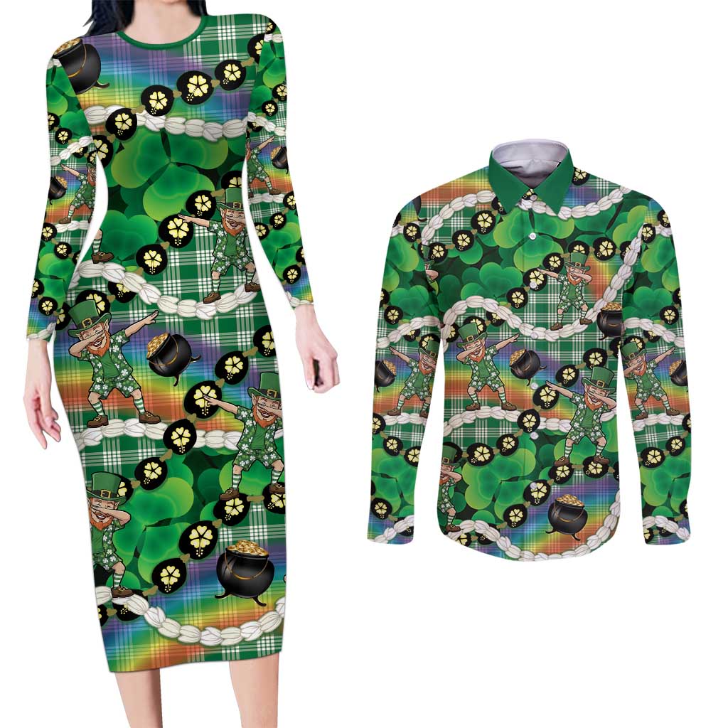 St Patrick's Day Palaka Hawaii Couples Matching Long Sleeve Bodycon Dress and Long Sleeve Button Shirt Kukui Nut Pikake Lei Shamrock Dabbing Leprechaun