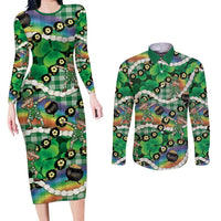 St Patrick's Day Palaka Hawaii Couples Matching Long Sleeve Bodycon Dress and Long Sleeve Button Shirt Kukui Nut Pikake Lei Shamrock Dabbing Leprechaun
