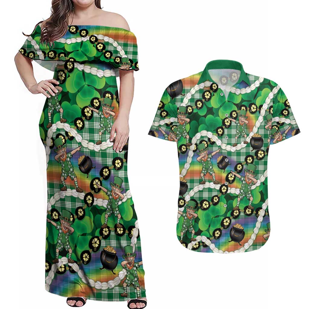 St Patrick's Day Palaka Hawaii Couples Matching Off Shoulder Maxi Dress and Hawaiian Shirt Kukui Nut Pikake Lei Shamrock Dabbing Leprechaun LT14 Green - Polynesian Pride
