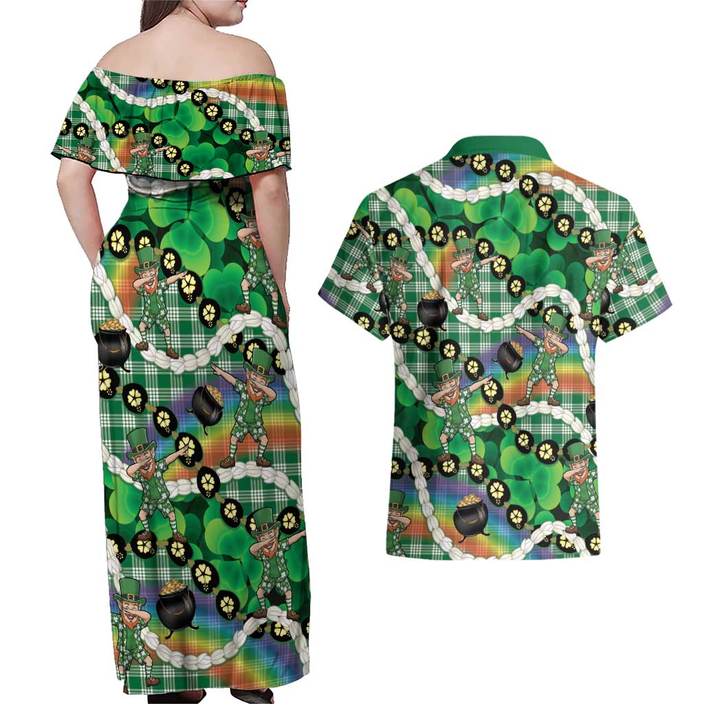 St Patrick's Day Palaka Hawaii Couples Matching Off Shoulder Maxi Dress and Hawaiian Shirt Kukui Nut Pikake Lei Shamrock Dabbing Leprechaun LT14 - Polynesian Pride