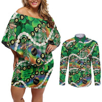 St Patrick's Day Palaka Hawaii Couples Matching Off Shoulder Short Dress and Long Sleeve Button Shirt Kukui Nut Pikake Lei Shamrock Dabbing Leprechaun