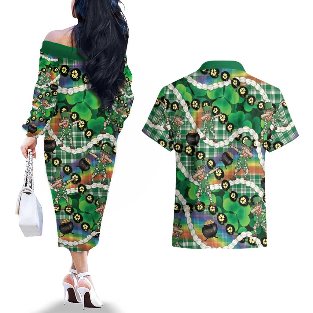 St Patrick's Day Palaka Hawaii Couples Matching Off The Shoulder Long Sleeve Dress and Hawaiian Shirt Kukui Nut Pikake Lei Shamrock Dabbing Leprechaun