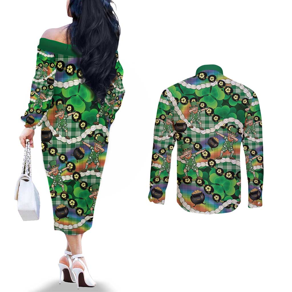 St Patrick's Day Palaka Hawaii Couples Matching Off The Shoulder Long Sleeve Dress and Long Sleeve Button Shirt Kukui Nut Pikake Lei Shamrock Dabbing Leprechaun LT14 - Polynesian Pride