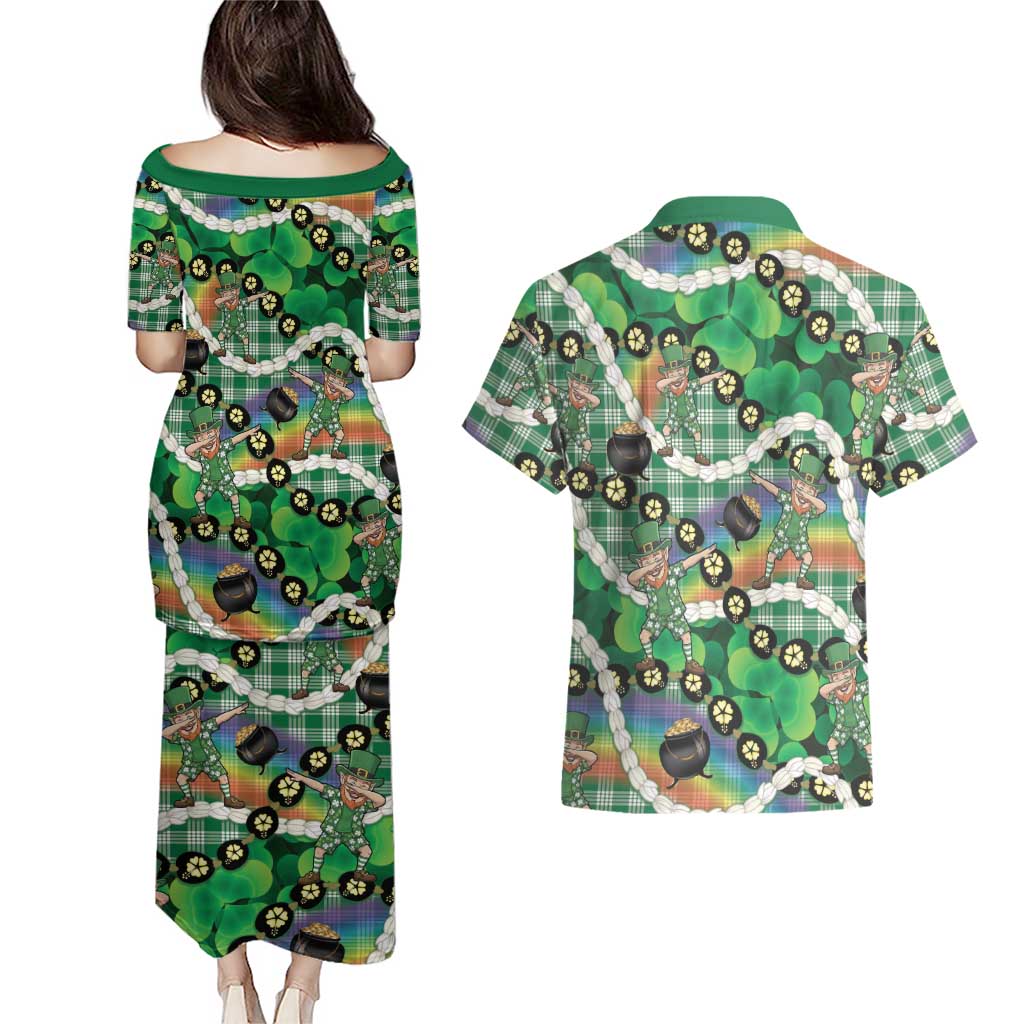 St Patrick's Day Palaka Hawaii Couples Matching Puletasi and Hawaiian Shirt Kukui Nut Pikake Lei Shamrock Dabbing Leprechaun LT14 - Polynesian Pride
