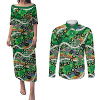 St Patrick's Day Palaka Hawaii Couples Matching Puletasi and Long Sleeve Button Shirt Kukui Nut Pikake Lei Shamrock Dabbing Leprechaun LT14 Green - Polynesian Pride