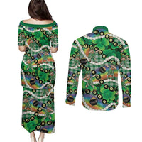 St Patrick's Day Palaka Hawaii Couples Matching Puletasi and Long Sleeve Button Shirt Kukui Nut Pikake Lei Shamrock Dabbing Leprechaun LT14 - Polynesian Pride