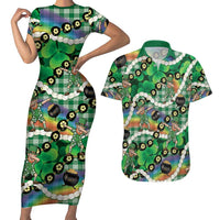 St Patrick's Day Palaka Hawaii Couples Matching Short Sleeve Bodycon Dress and Hawaiian Shirt Kukui Nut Pikake Lei Shamrock Dabbing Leprechaun