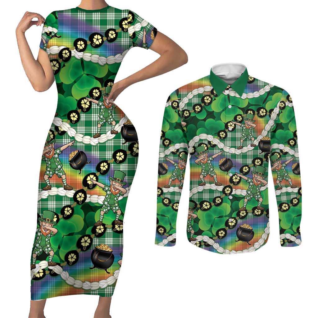 St Patrick's Day Palaka Hawaii Couples Matching Short Sleeve Bodycon Dress and Long Sleeve Button Shirt Kukui Nut Pikake Lei Shamrock Dabbing Leprechaun LT14 Green - Polynesian Pride