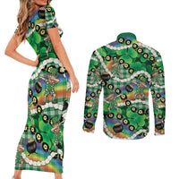St Patrick's Day Palaka Hawaii Couples Matching Short Sleeve Bodycon Dress and Long Sleeve Button Shirt Kukui Nut Pikake Lei Shamrock Dabbing Leprechaun LT14 - Polynesian Pride