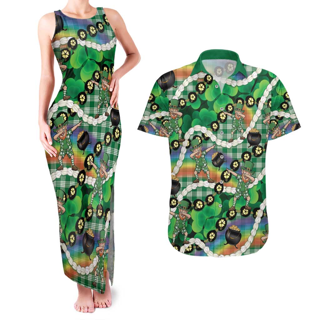St Patrick's Day Palaka Hawaii Couples Matching Tank Maxi Dress and Hawaiian Shirt Kukui Nut Pikake Lei Shamrock Dabbing Leprechaun LT14 Green - Polynesian Pride
