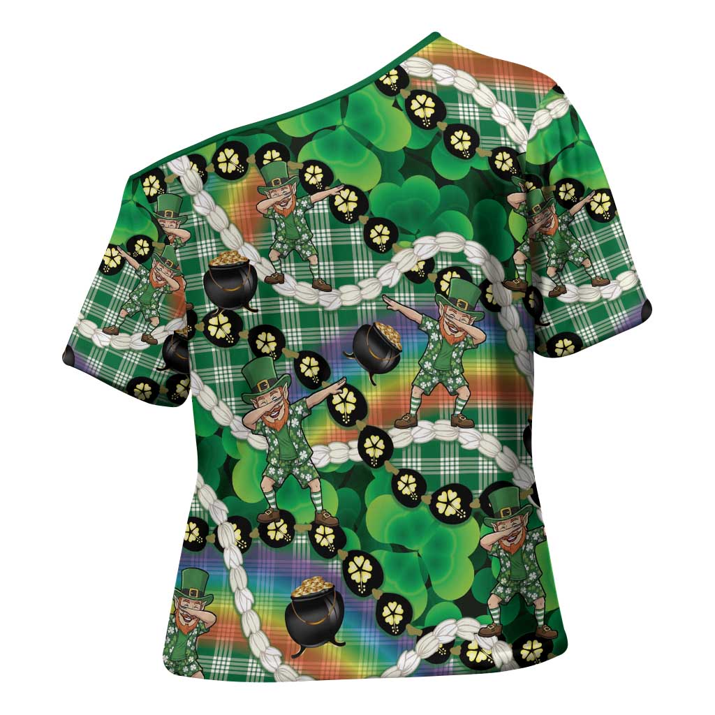 St Patrick's Day Palaka Hawaii Cross Shoulder Shirt Kukui Nut Pikake Lei Shamrock Dabbing Leprechaun