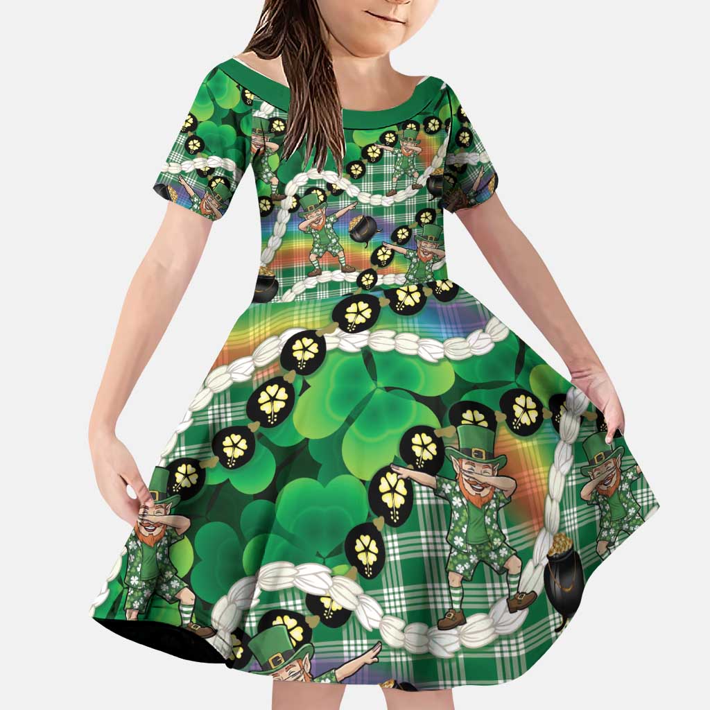 St Patrick's Day Palaka Hawaii Family Matching Mermaid Dress and Hawaiian Shirt Kukui Nut Pikake Lei Shamrock Dabbing Leprechaun LT14 Daughter's Dress Green - Polynesian Pride
