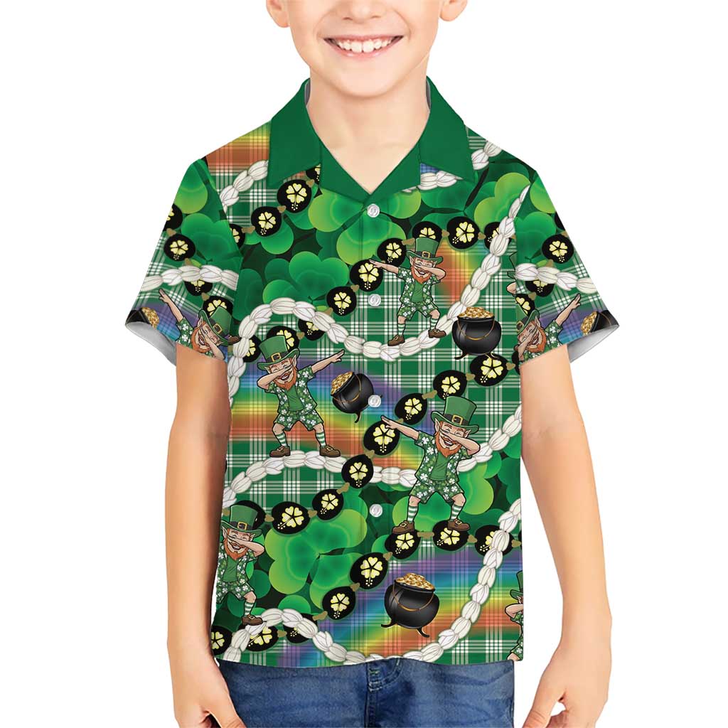 St Patrick's Day Palaka Hawaii Family Matching Mermaid Dress and Hawaiian Shirt Kukui Nut Pikake Lei Shamrock Dabbing Leprechaun LT14 Son's Shirt Green - Polynesian Pride
