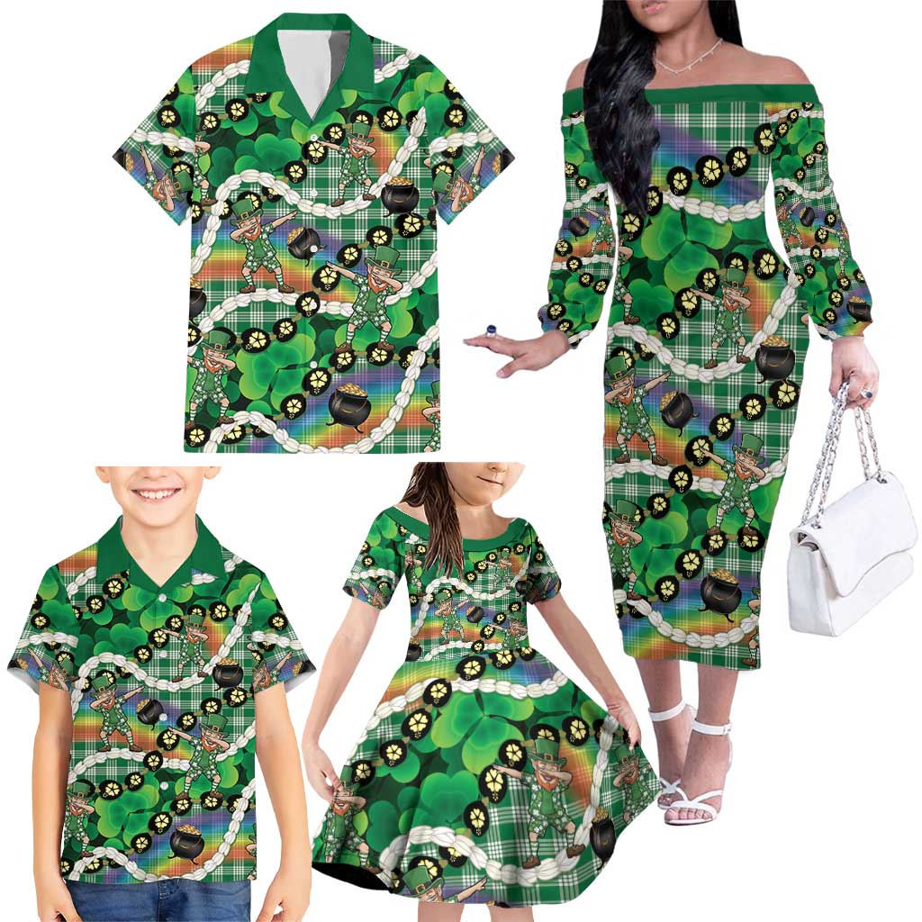 St Patrick's Day Palaka Hawaii Family Matching Off The Shoulder Long Sleeve Dress and Hawaiian Shirt Kukui Nut Pikake Lei Shamrock Dabbing Leprechaun