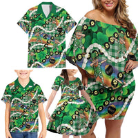 St Patrick's Day Palaka Hawaii Family Matching Off Shoulder Short Dress and Hawaiian Shirt Kukui Nut Pikake Lei Shamrock Dabbing Leprechaun