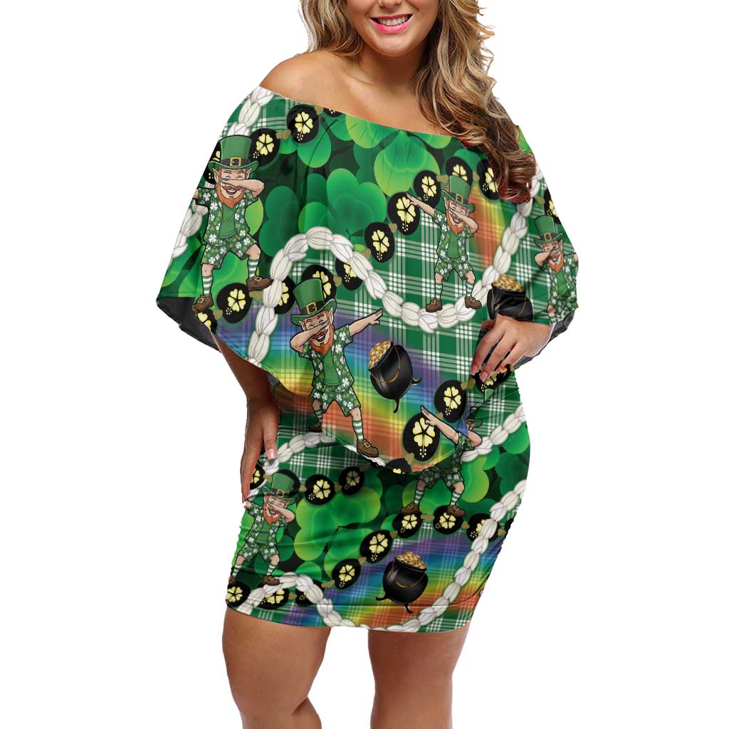 St Patrick's Day Palaka Hawaii Family Matching Off Shoulder Short Dress and Hawaiian Shirt Kukui Nut Pikake Lei Shamrock Dabbing Leprechaun