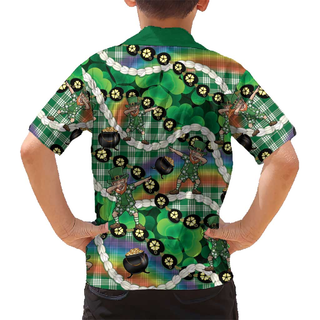 St Patrick's Day Palaka Hawaii Family Matching Puletasi and Hawaiian Shirt Kukui Nut Pikake Lei Shamrock Dabbing Leprechaun