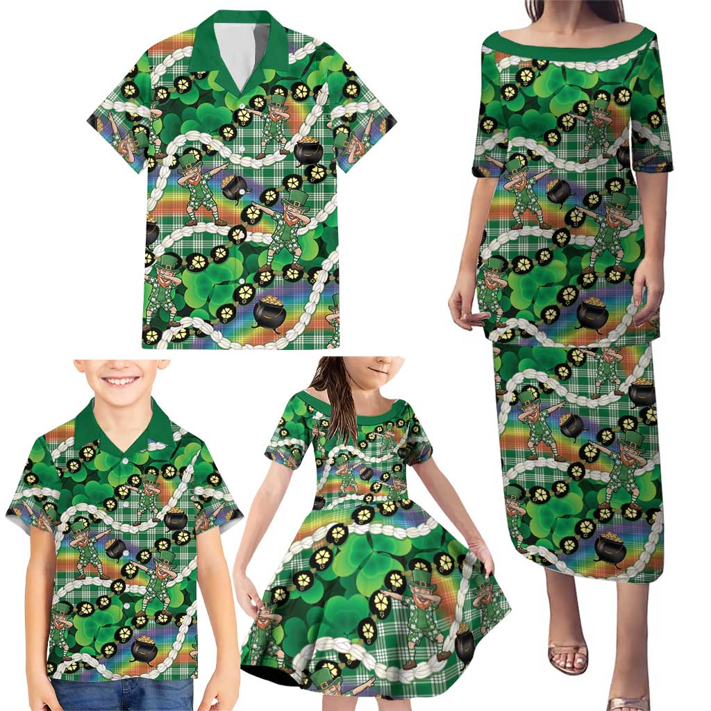St Patrick's Day Palaka Hawaii Family Matching Puletasi and Hawaiian Shirt Kukui Nut Pikake Lei Shamrock Dabbing Leprechaun