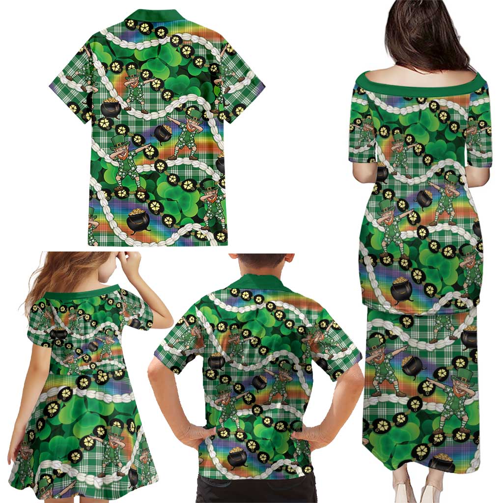 St Patrick's Day Palaka Hawaii Family Matching Puletasi and Hawaiian Shirt Kukui Nut Pikake Lei Shamrock Dabbing Leprechaun