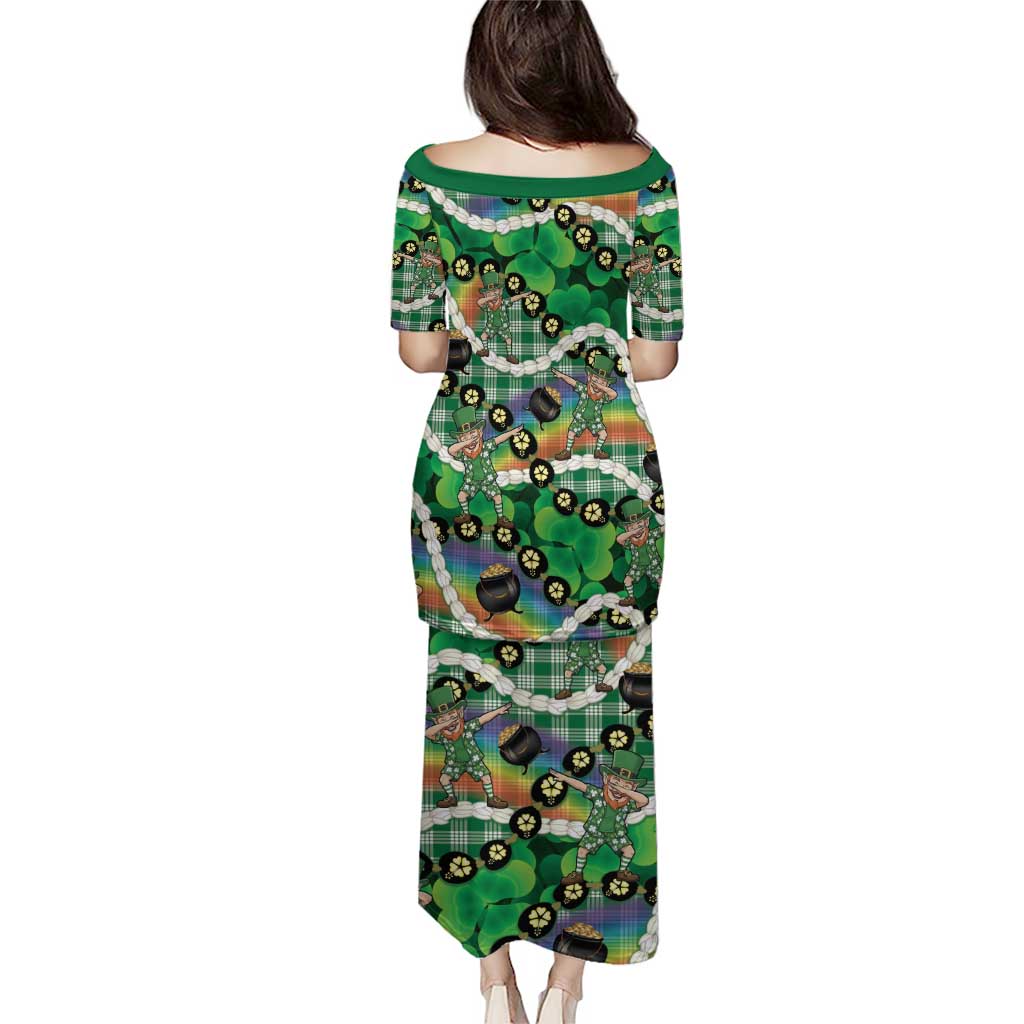 St Patrick's Day Palaka Hawaii Family Matching Puletasi and Hawaiian Shirt Kukui Nut Pikake Lei Shamrock Dabbing Leprechaun