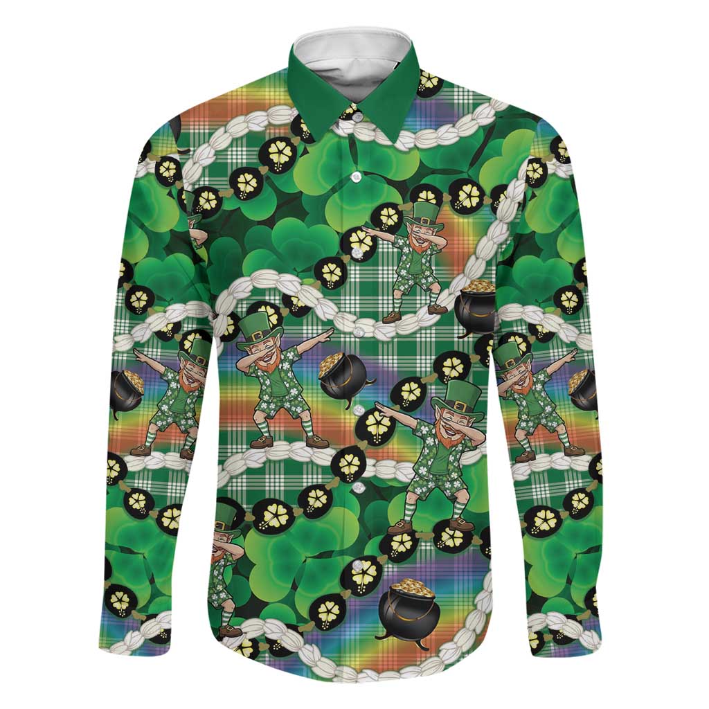 St Patrick's Day Palaka Hawaii Family Matching Short Sleeve Bodycon Dress and Hawaiian Shirt Kukui Nut Pikake Lei Shamrock Dabbing Leprechaun LT14 Dad's Shirt - Long Sleeve Green - Polynesian Pride