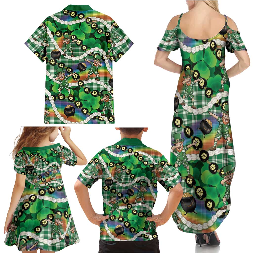 St Patrick's Day Palaka Hawaii Family Matching Summer Maxi Dress and Hawaiian Shirt Kukui Nut Pikake Lei Shamrock Dabbing Leprechaun