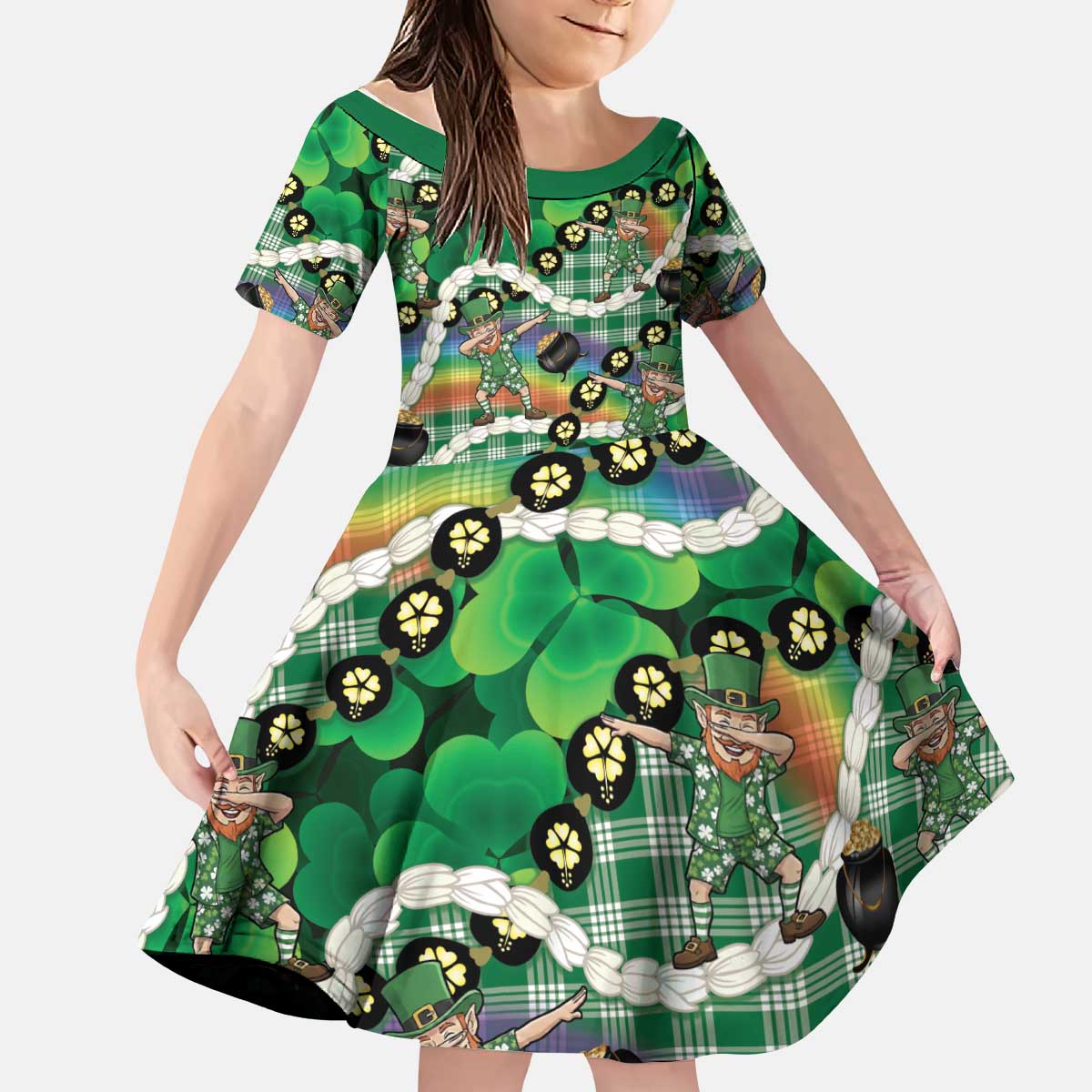 St Patrick's Day Palaka Hawaii Kid Short Sleeve Dress Kukui Nut Pikake Lei Shamrock Dabbing Leprechaun