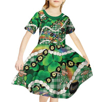St Patrick's Day Palaka Hawaii Kid Short Sleeve Dress Kukui Nut Pikake Lei Shamrock Dabbing Leprechaun