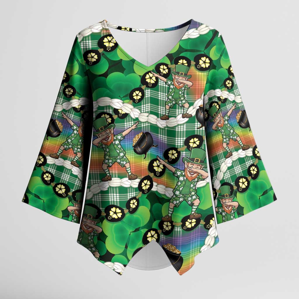 St Patrick's Day Palaka Hawaii Kimono Sleeve Blouse Kukui Nut Pikake Lei Shamrock Dabbing Leprechaun LT14 Female Green - Polynesian Pride