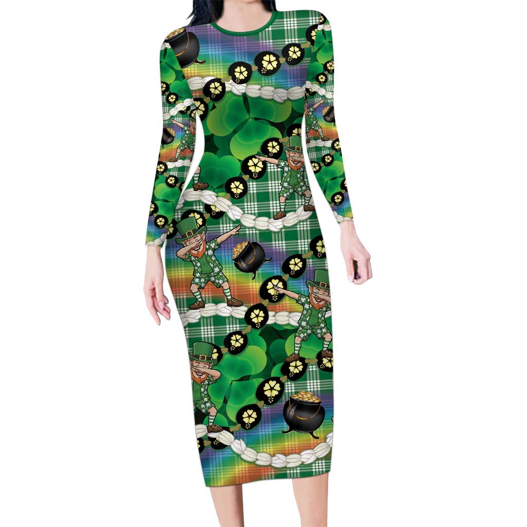 St Patrick's Day Palaka Hawaii Long Sleeve Bodycon Dress Kukui Nut Pikake Lei Shamrock Dabbing Leprechaun