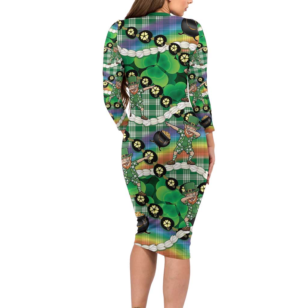 St Patrick's Day Palaka Hawaii Long Sleeve Bodycon Dress Kukui Nut Pikake Lei Shamrock Dabbing Leprechaun