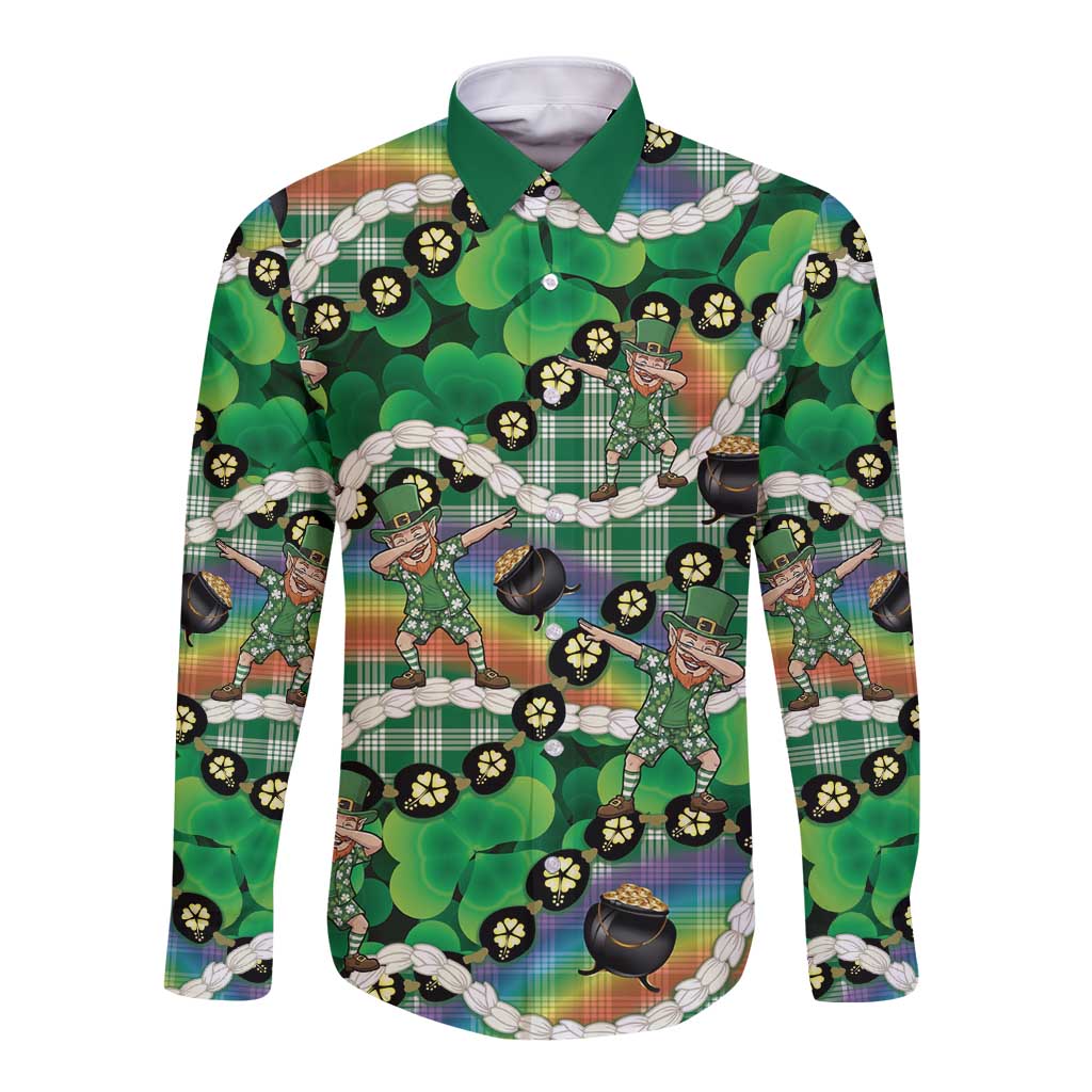 St Patrick's Day Palaka Hawaii Long Sleeve Button Shirt Kukui Nut Pikake Lei Shamrock Dabbing Leprechaun LT14 Unisex Green - Polynesian Pride