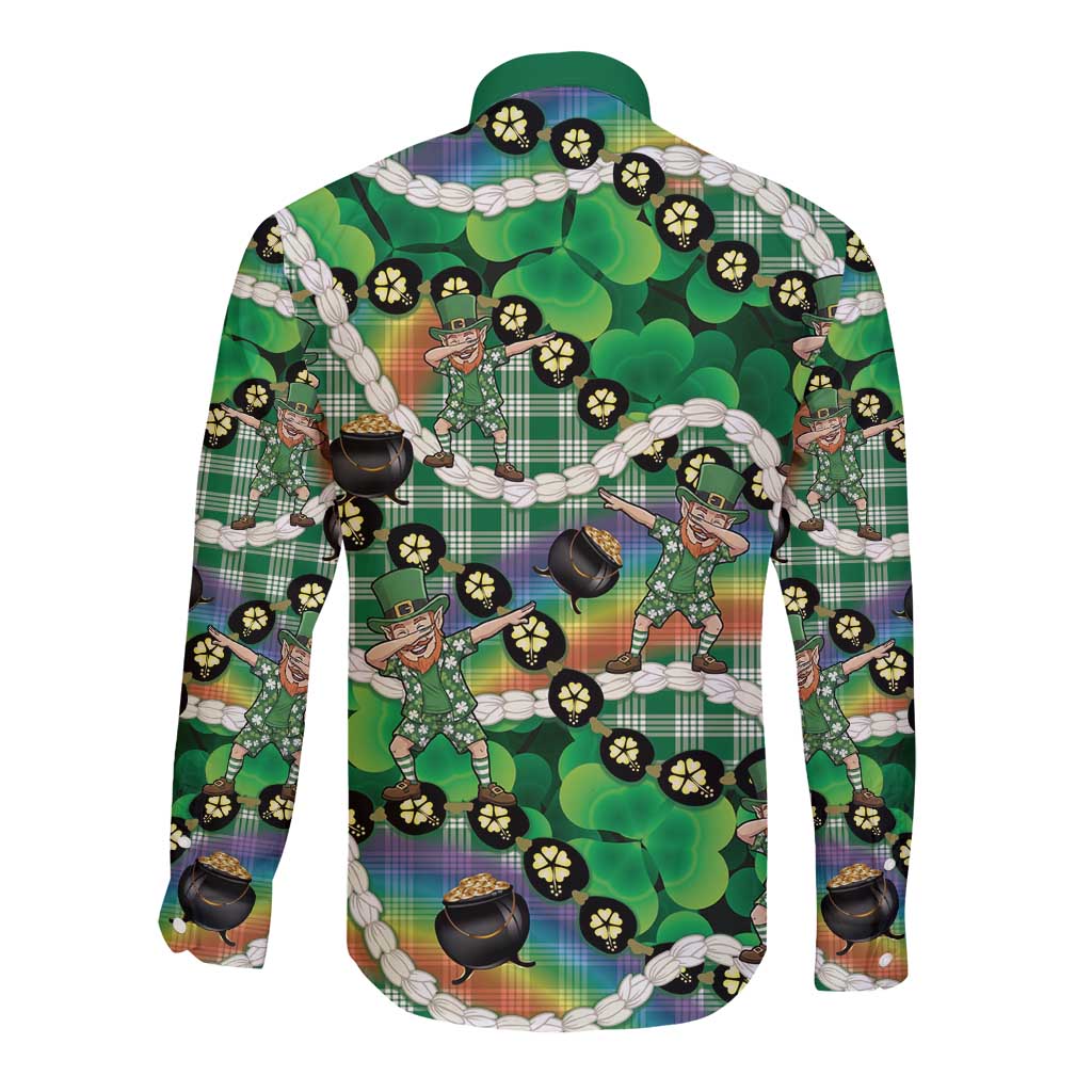 St Patrick's Day Palaka Hawaii Long Sleeve Button Shirt Kukui Nut Pikake Lei Shamrock Dabbing Leprechaun LT14 - Polynesian Pride
