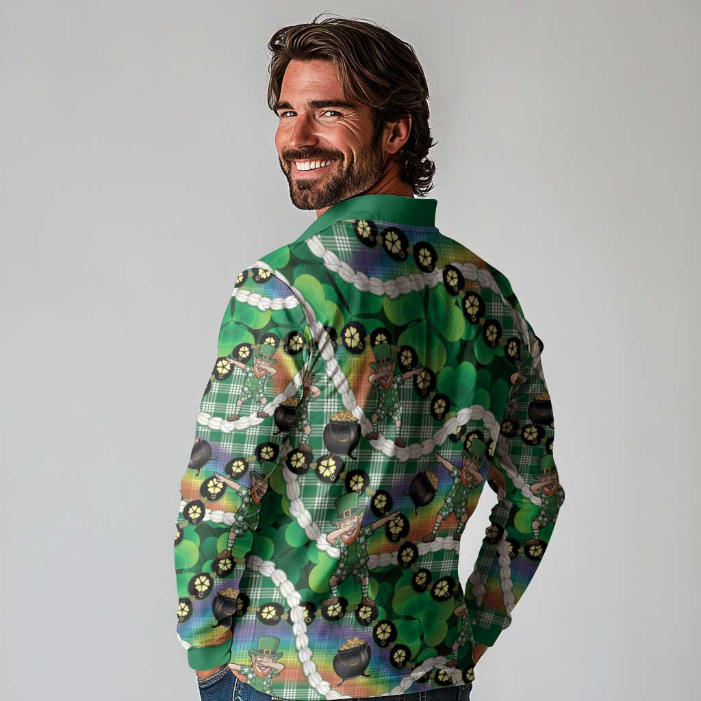 St Patrick's Day Palaka Hawaii Long Sleeve Polo Shirt Kukui Nut Pikake Lei Shamrock Dabbing Leprechaun