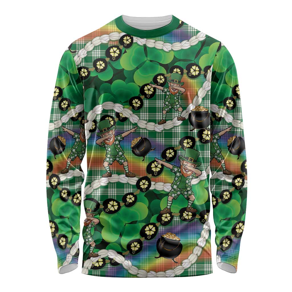St Patrick's Day Palaka Hawaii Long Sleeve Shirt Kukui Nut Pikake Lei Shamrock Dabbing Leprechaun LT14 Unisex Green - Polynesian Pride