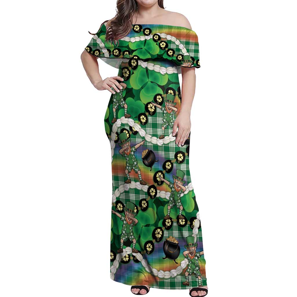 St Patrick's Day Palaka Hawaii Off Shoulder Maxi Dress Kukui Nut Pikake Lei Shamrock Dabbing Leprechaun