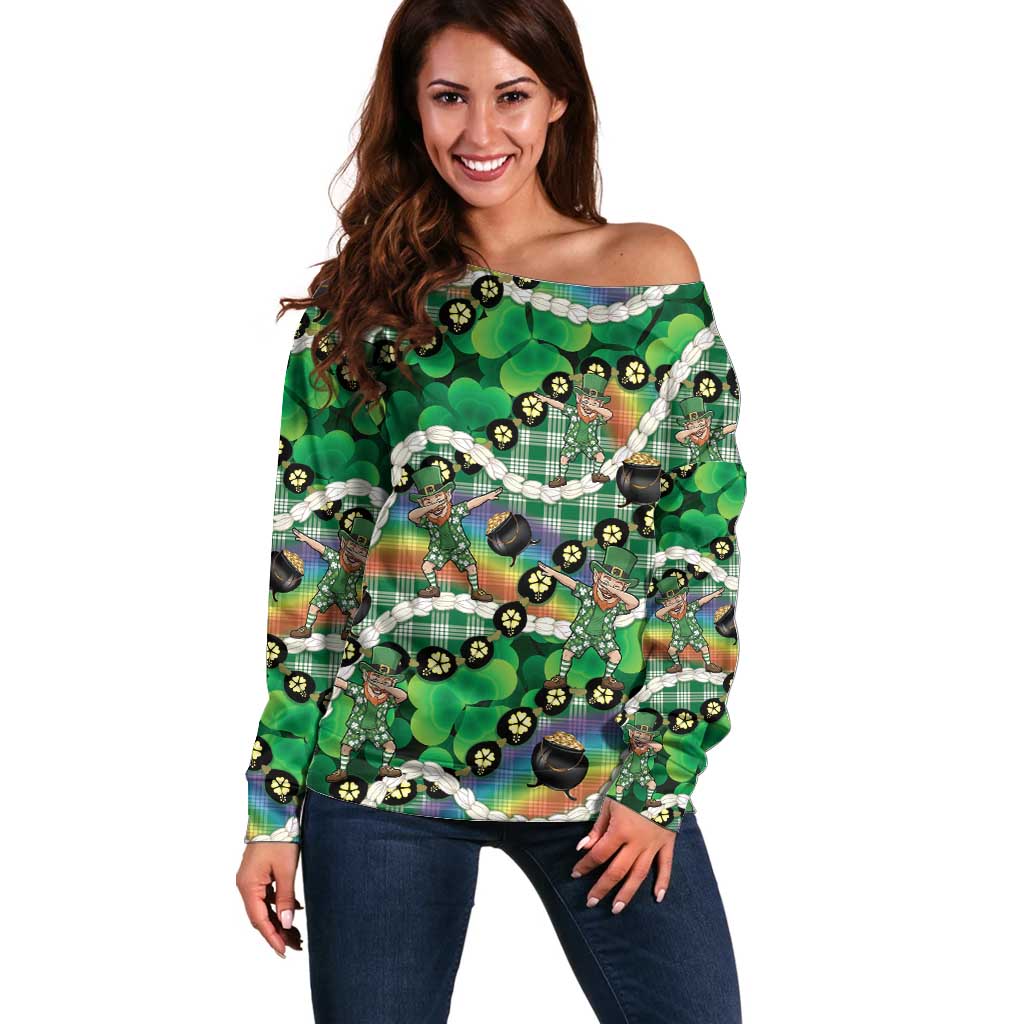 St Patrick's Day Palaka Hawaii Off Shoulder Sweater Kukui Nut Pikake Lei Shamrock Dabbing Leprechaun