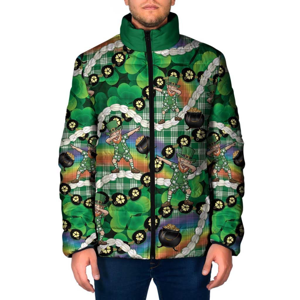St Patrick's Day Palaka Hawaii Padded Jacket Kukui Nut Pikake Lei Shamrock Dabbing Leprechaun LT14 Men Green - Polynesian Pride
