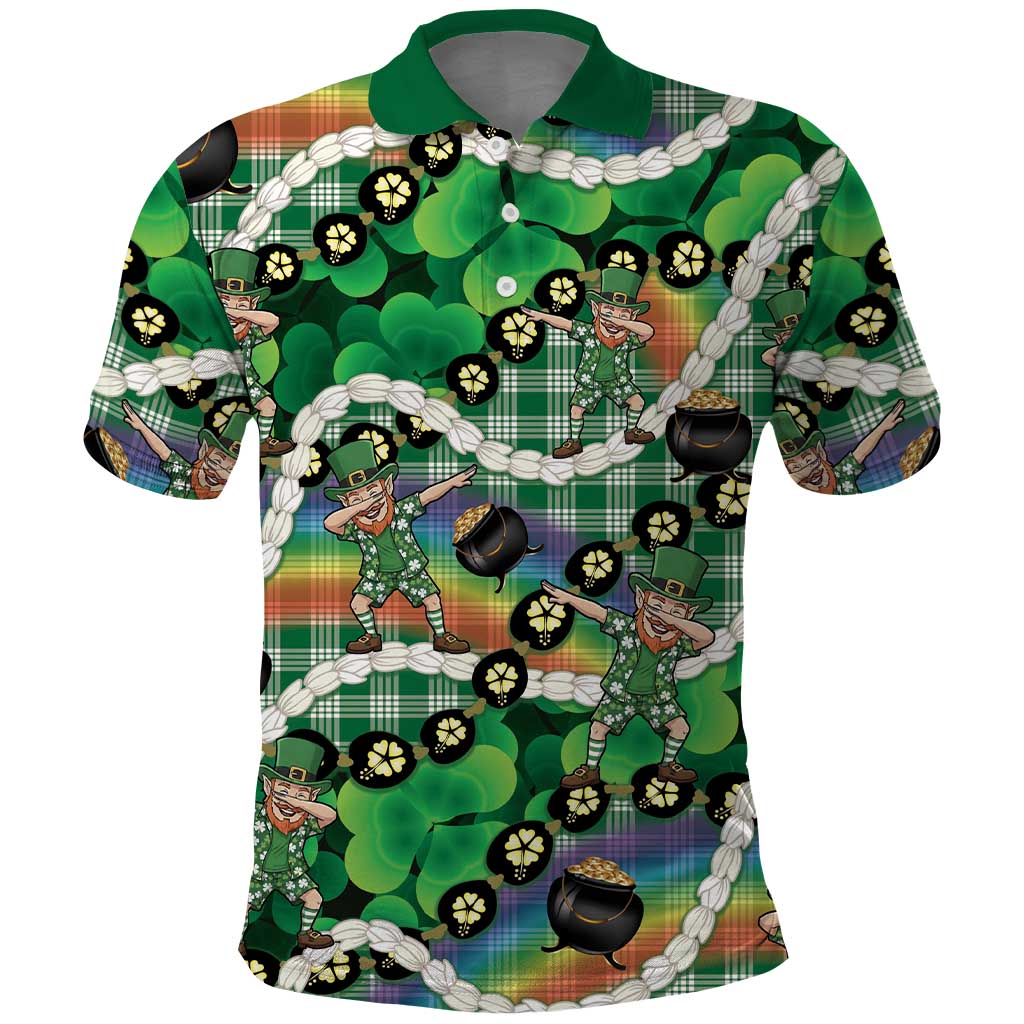 St Patrick's Day Palaka Hawaii Polo Shirt Kukui Nut Pikake Lei Shamrock Dabbing Leprechaun