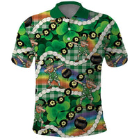 St Patrick's Day Palaka Hawaii Polo Shirt Kukui Nut Pikake Lei Shamrock Dabbing Leprechaun