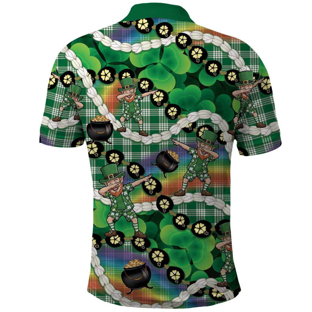St Patrick's Day Palaka Hawaii Polo Shirt Kukui Nut Pikake Lei Shamrock Dabbing Leprechaun