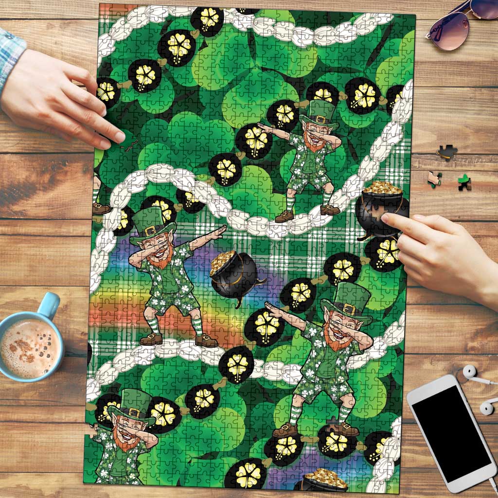 St Patrick's Day Palaka Hawaii Puzzle Kukui Nut Pikake Lei Shamrock Dabbing Leprechaun LT14 Green - Polynesian Pride