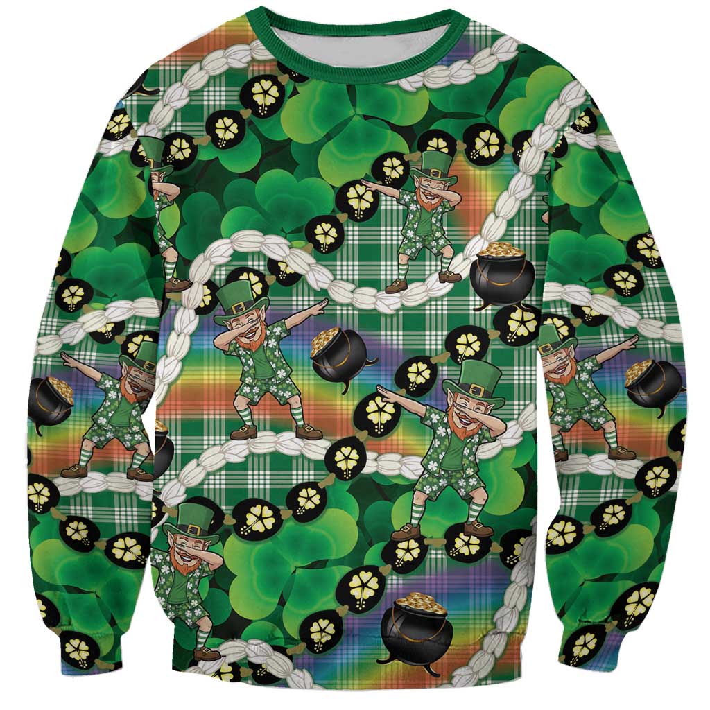 St Patrick's Day Palaka Hawaii Sweatshirt Kukui Nut Pikake Lei Shamrock Dabbing Leprechaun